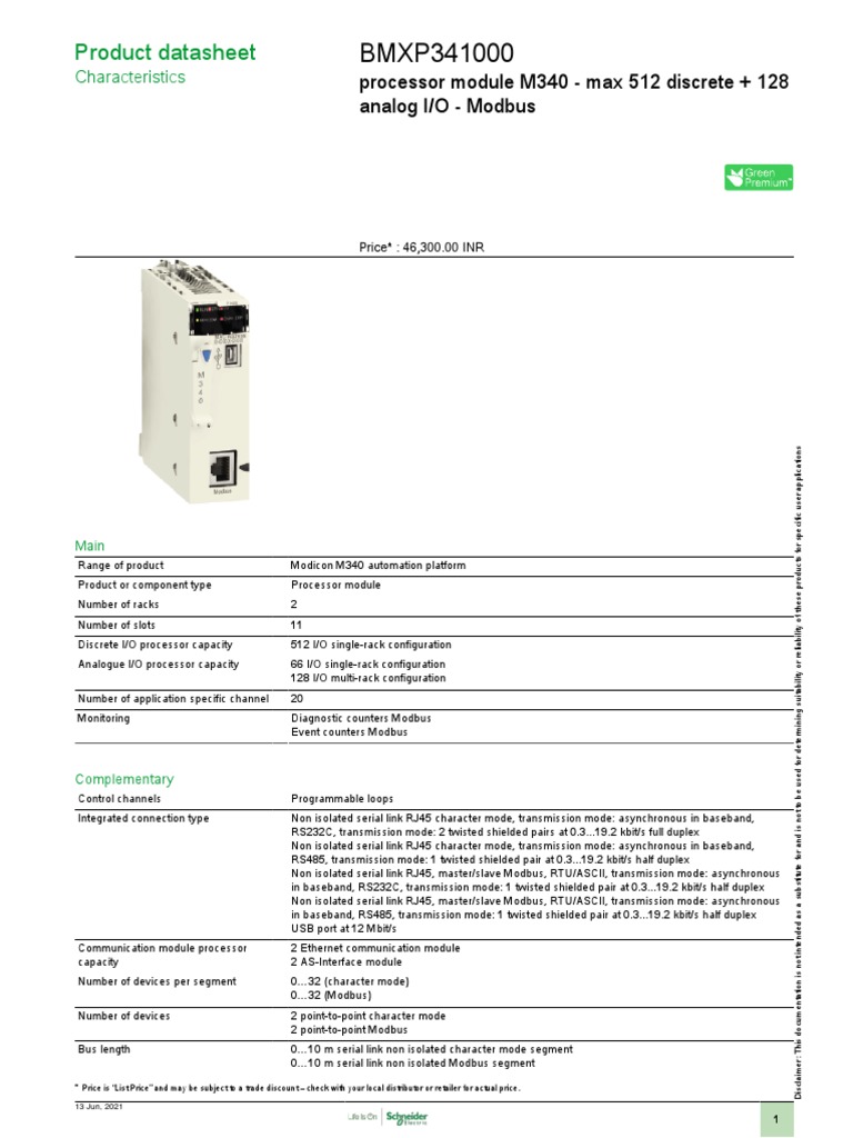 Modicon M340 BMXP341000 Datasheet | PDF | Programmable Logic Controller ...