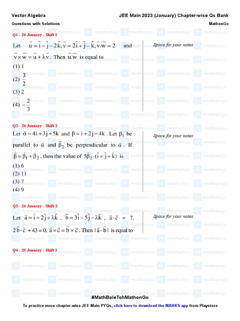 Vector Algebra - JEE Main 2023 January Chapter Wise Questions by ...