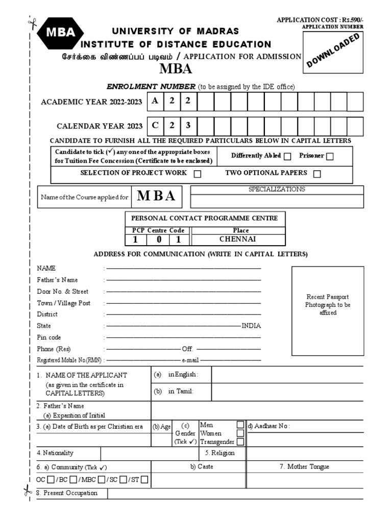 MBA Application Form - University of Madras | PDF