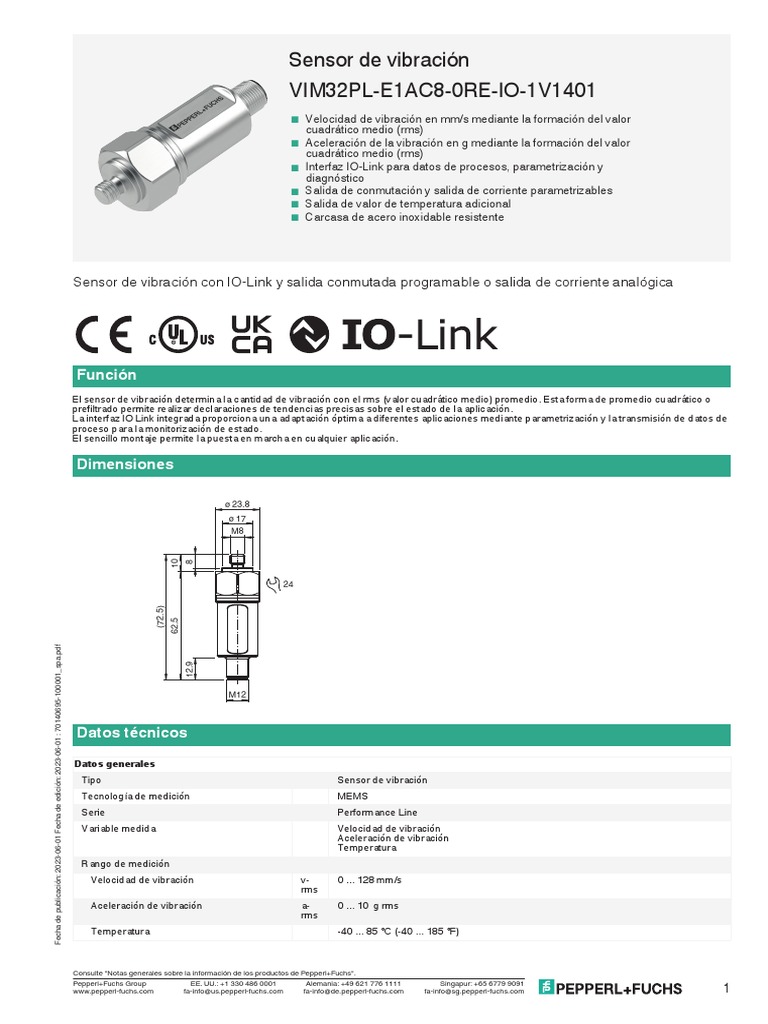 Datasheet Sensor de Vibración VIM32PL | PDF
