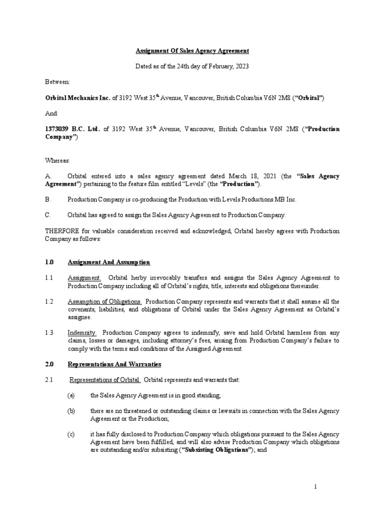 Assignment of sales agency agreement orbital mechanics inc to