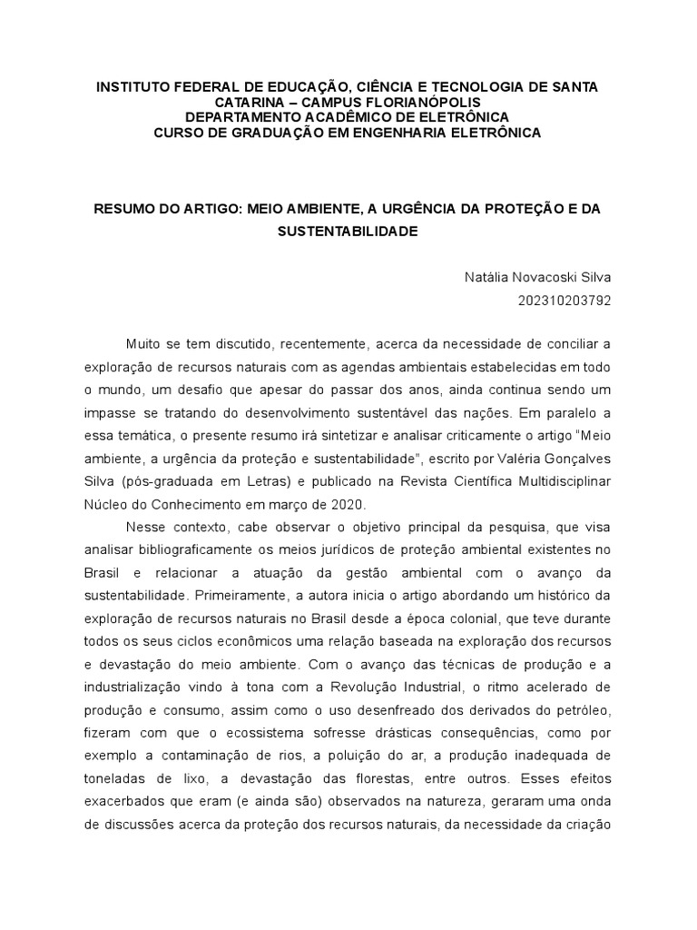 Resumo Do Artigo - Meio Ambiente, A Urgência Da Proteção e Da ...