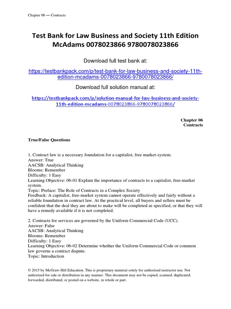 Law Business and Society 11th Edition McAdams Test Bank Download PDF