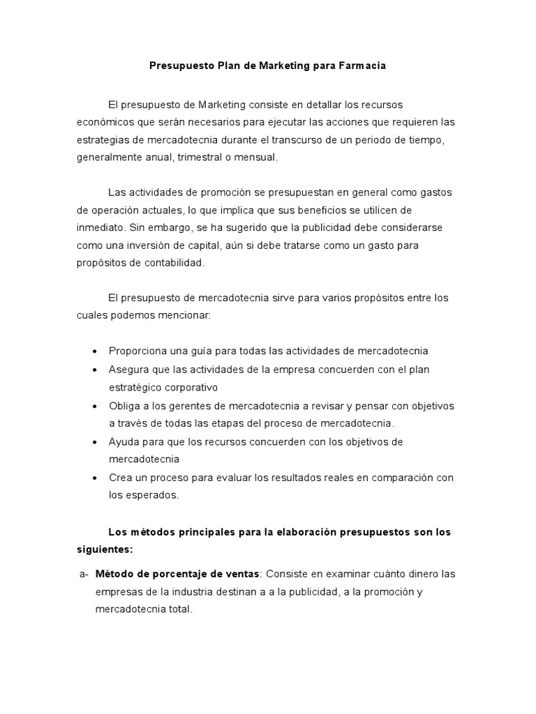 Modelo de Presupuesto Plan de Marketing para Farmacia | PDF