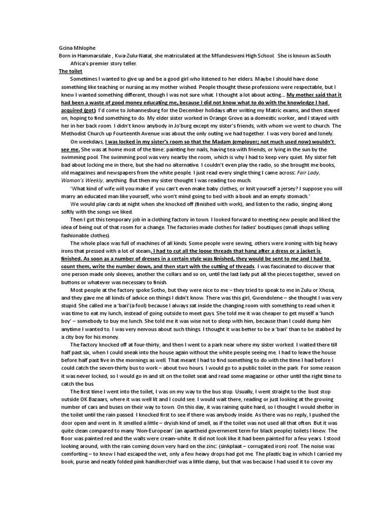 The Toilet Gcina Mhlophe PDF