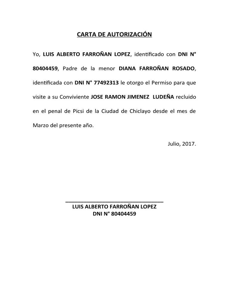 CARTA de AUTORIZACIÓN Permiso Visita Penal 2017 | PDF