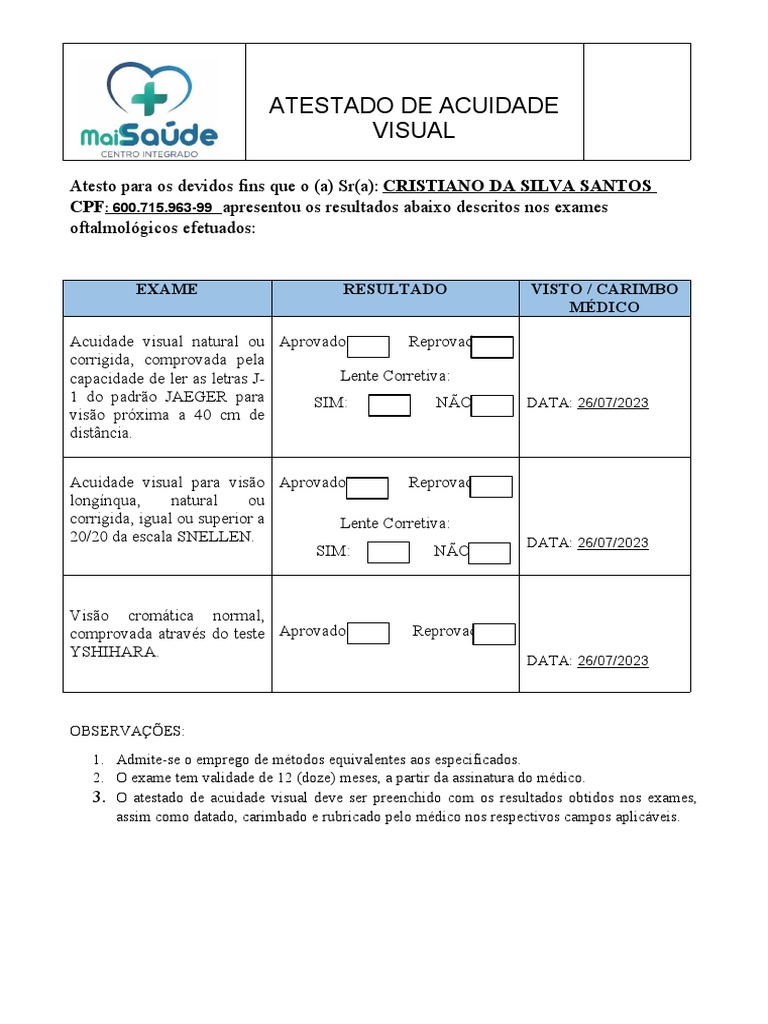 Atestado de Acuidade Visual 2023 | PDF