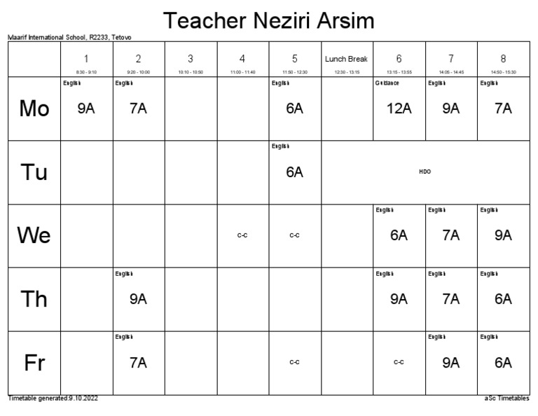 Teachers Time Table Format