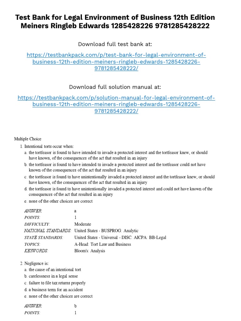 Legal Environment of Business 12th Edition Meiners Test Bank Download