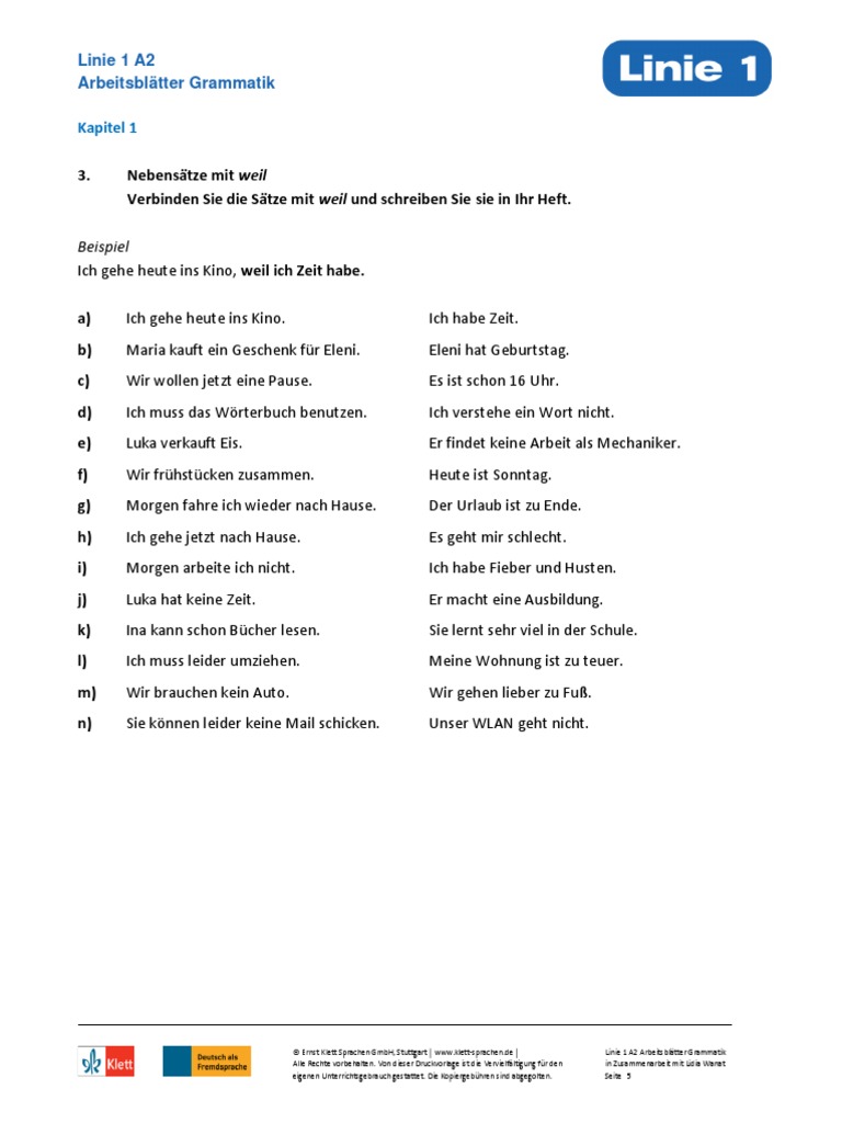 Nebensätze Mit Weil Verbinden Sie Die Sätze Mit Weil Und Schreiben Sie Sie in Ihr Heft PDF
