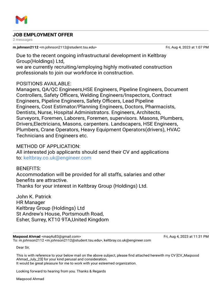 Gmail Job Employment Offer Pdf Technology Engineering