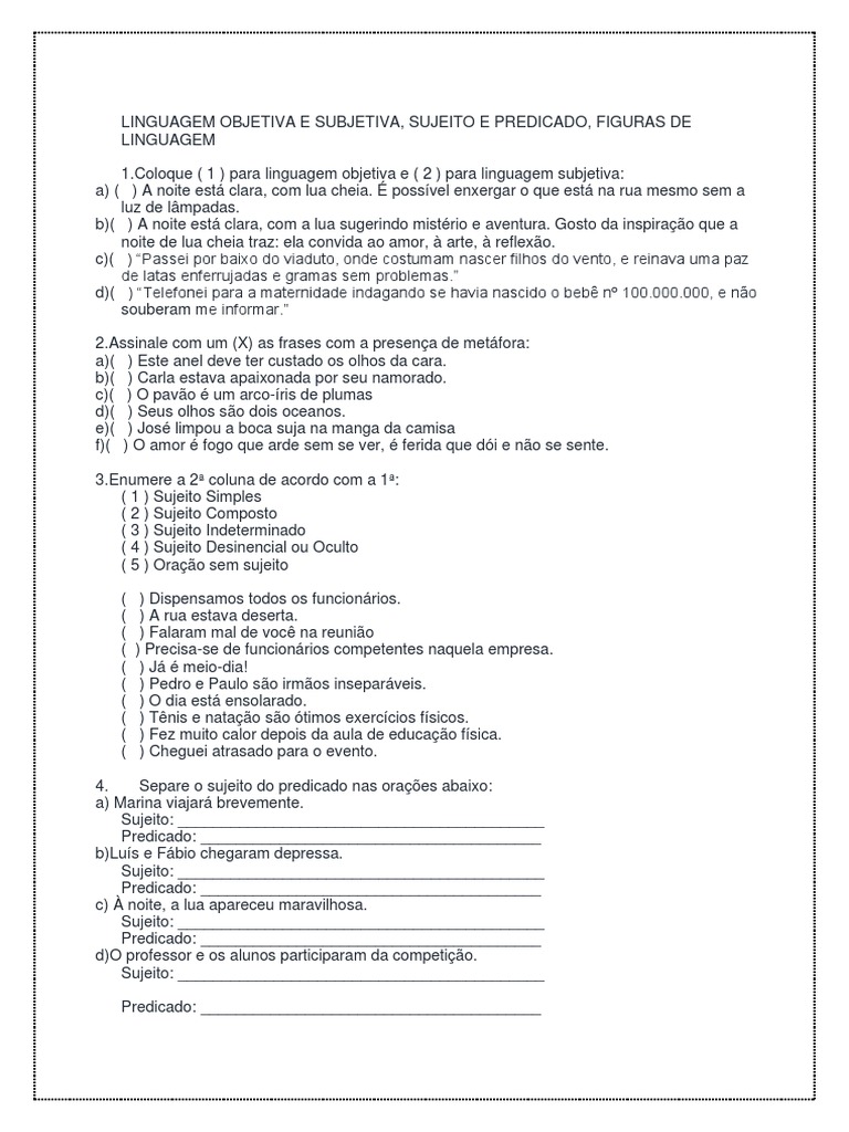 Atividades LINGUAGEM OBJETIVA E SUBJETIVA | PDF