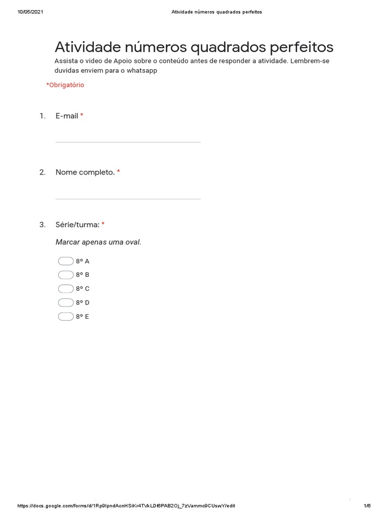 Atividade n meros quadrados perfeitos formul rios google pdf raiz