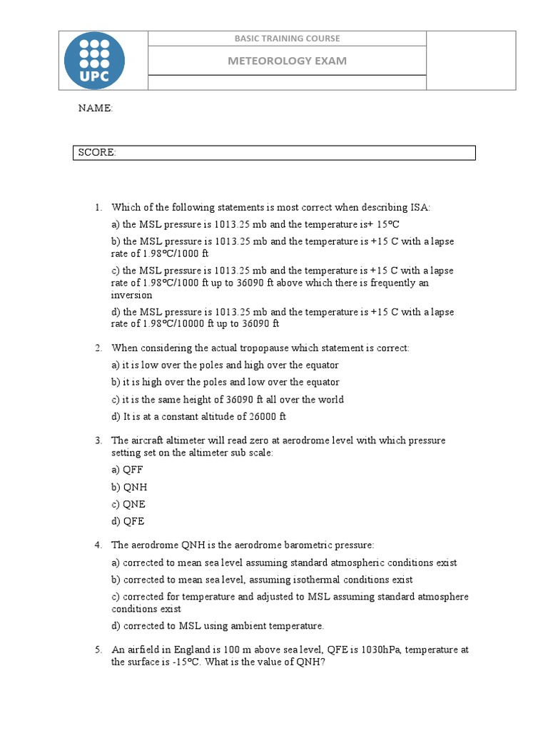 Meteorology Exam for Basic Training | PDF | Teaching Methods ...