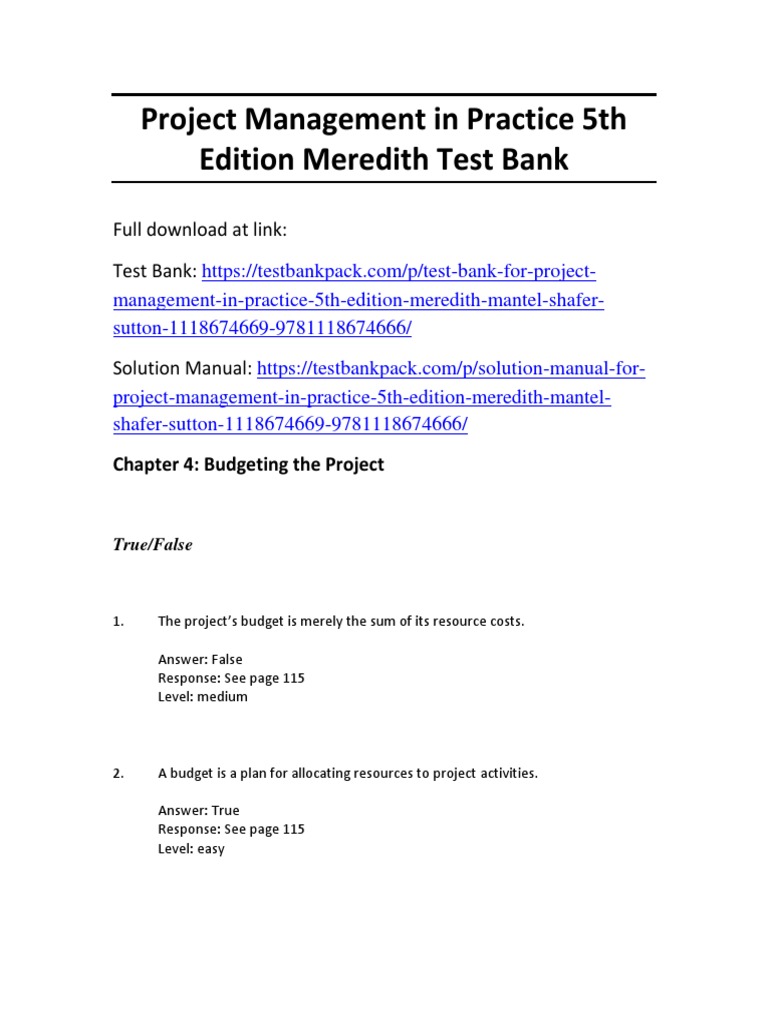Project Management Budgeting Test Bank | PDF | Top Down And Bottom Up ...