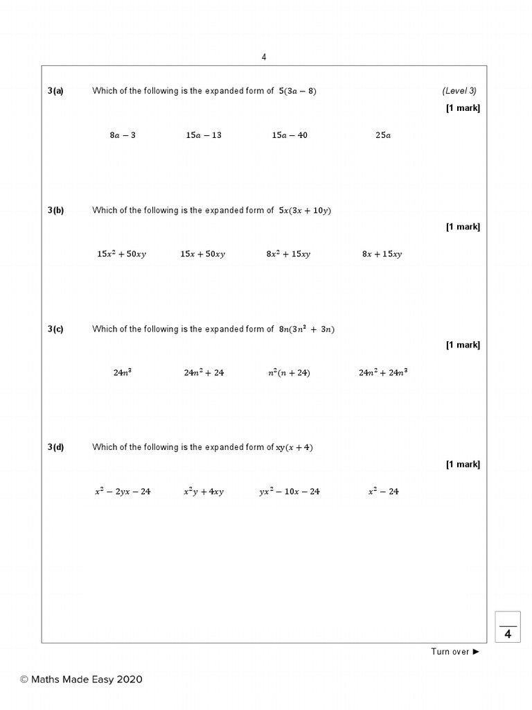 Algebra Expanding Single Brackets Questions PDF