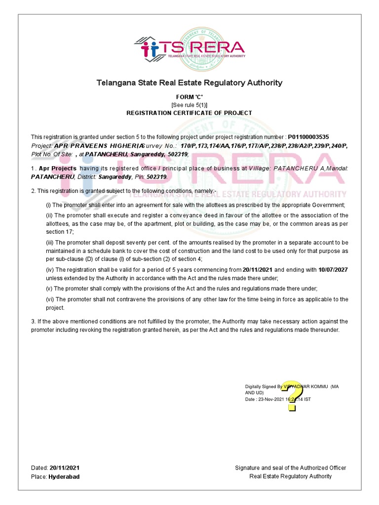 Higheria RERA Certificate PDF