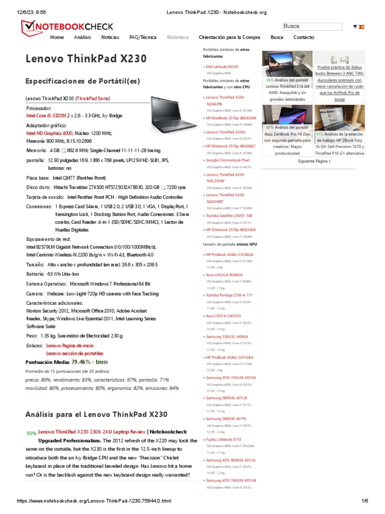 Especificaciones Lenovo ThinkPad X230 | PDF | Lenovo | Clases de ...