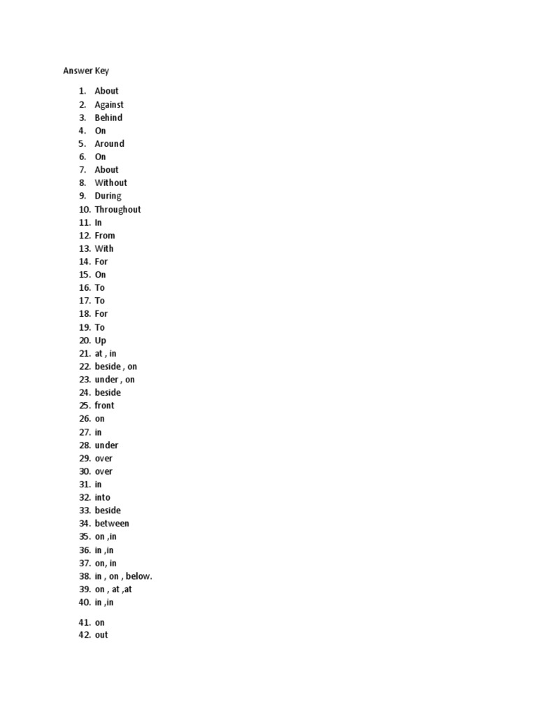 Preposition Answer Key | PDF