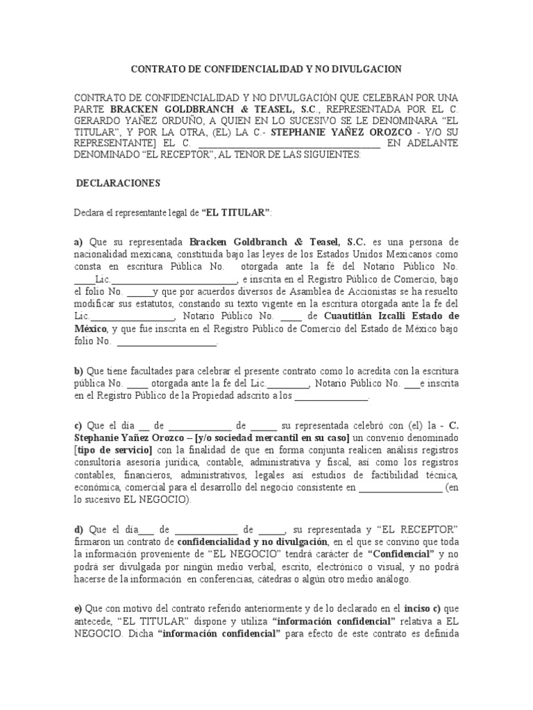 CONTRATO DE CONFIDENCIALIDAD Y NO DIVULGACIÓN PDF