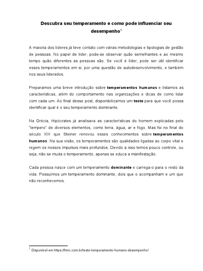 Teste De Temperamento PDF Temperamento Lideran a