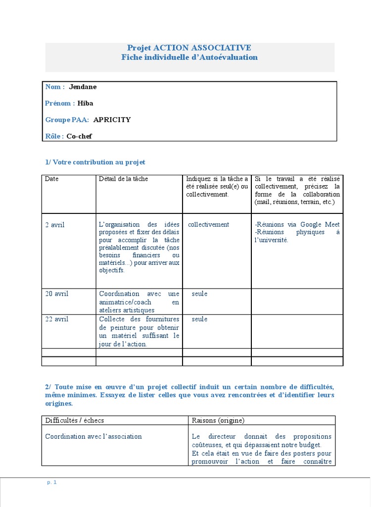 Fiche Autoevaluation PROJET-2 | PDF | Cognition