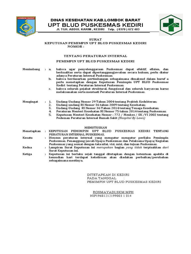 Peraturan Internal Puskesmas Kediri | PDF