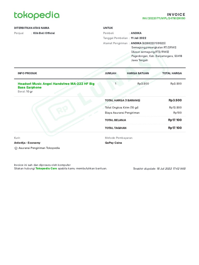 Invoice - Tokopedia | PDF
