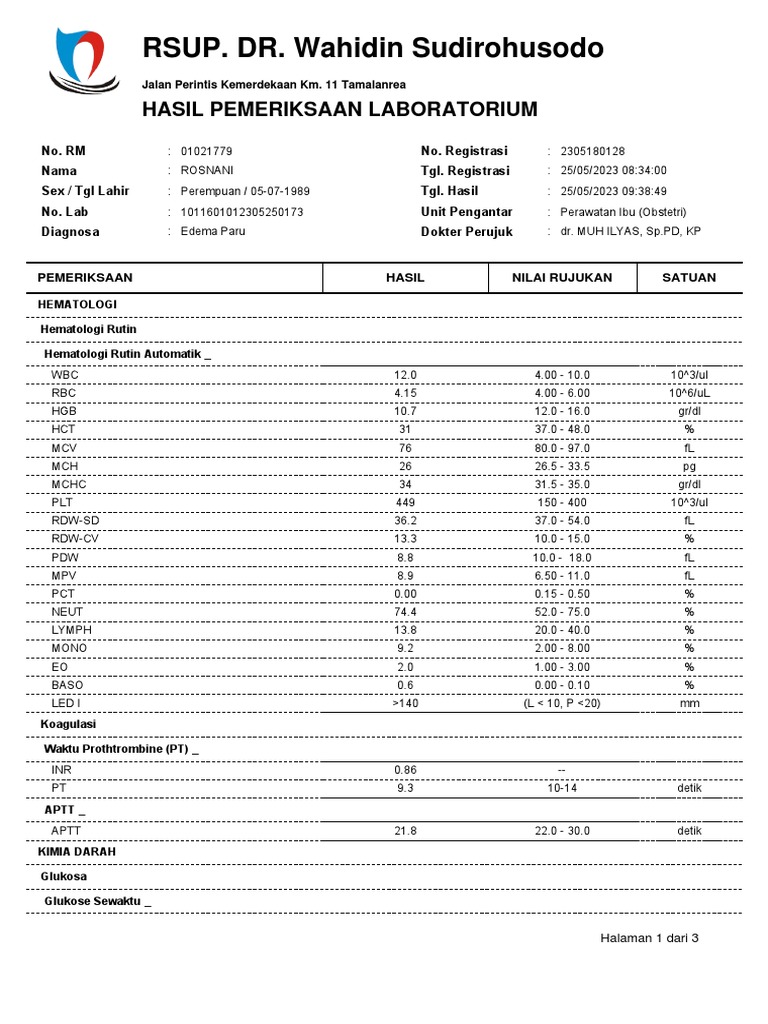 Hasil Lab Edema Paru Pasien Wanita | PDF