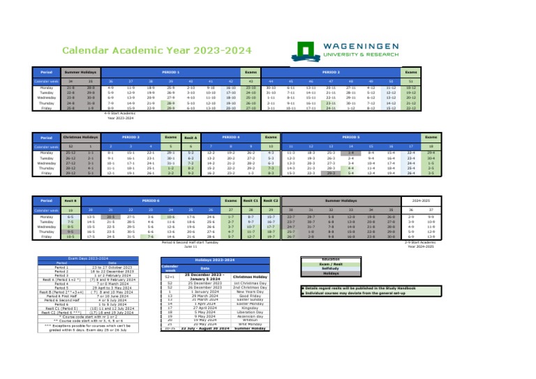 Calendar WUR AY 20232024 PDF