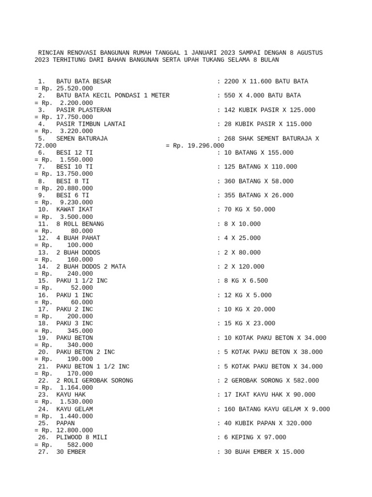 Rincian Biaya Renovasi Rumah Utama Dan Rumah Cek Meri | PDF