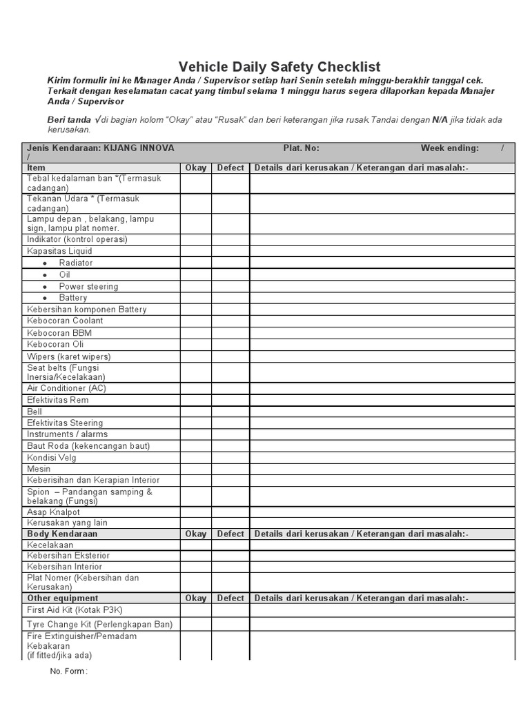 Vehicle Weekly Safety Checklist PDF