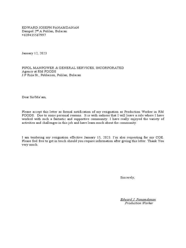 Resignation Letter from Production Worker | PDF