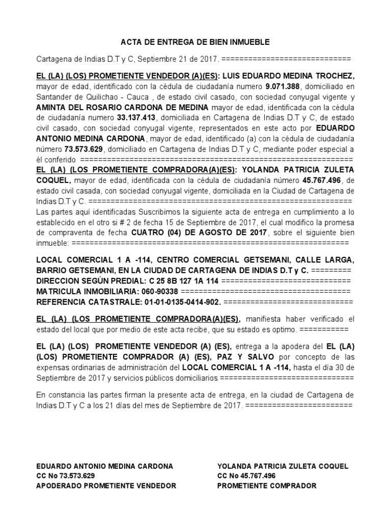 Acta de Entrega Bien Inmueble Yolanda Patricia Zuleta Coquel | PDF