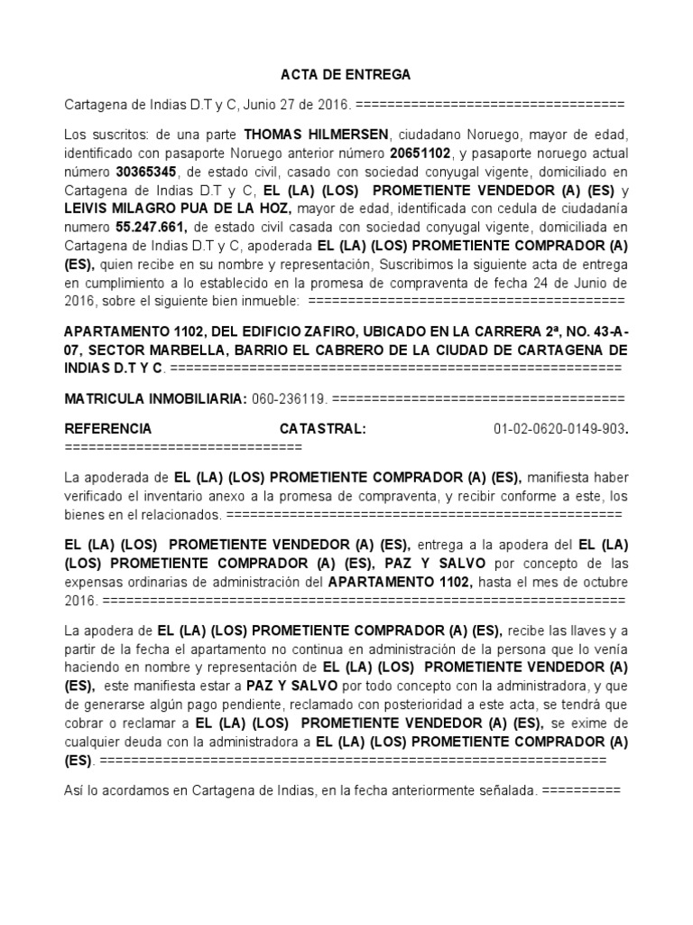 Acta de Entrega Bien Inmueble | PDF