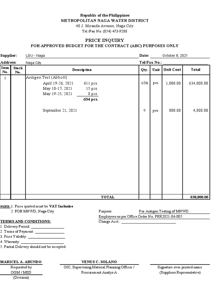 Price Inquiry Form (Revised) | PDF