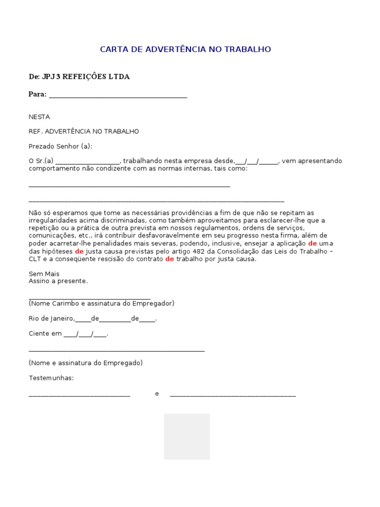 CARTA DE ADVERTÊNCIA NO TRABALHO