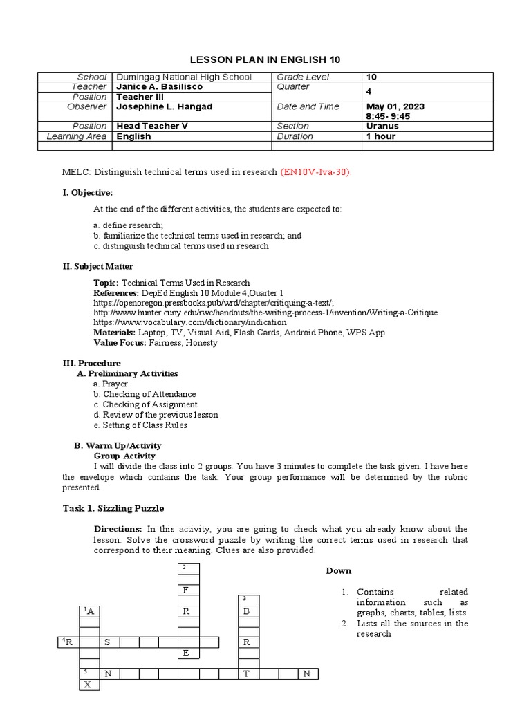 Lesson Plan in English 10 Demo | PDF | Survey Methodology | Methodology