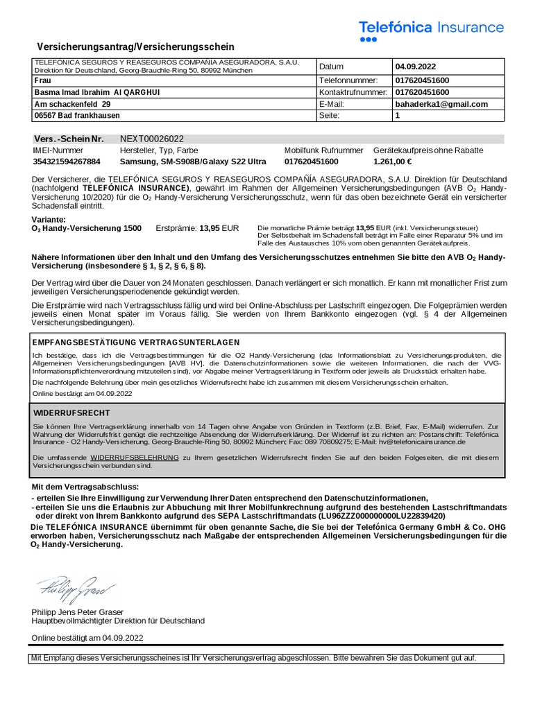 Rckgabe Original Versicherungsschein