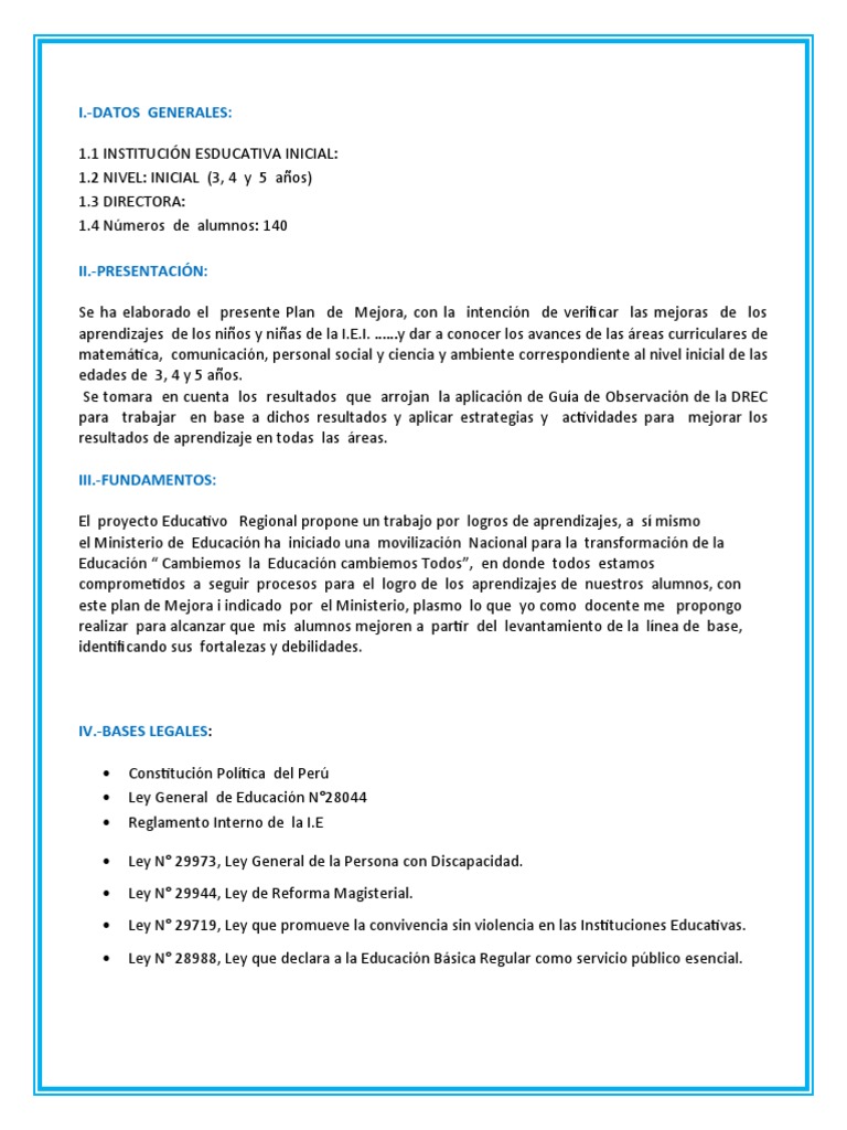 Plan de Mejora Educativa Inicial 3-5 Años | PDF