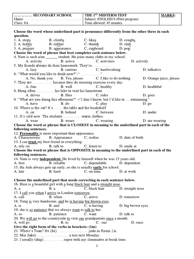 Bai Tap Bo Tro Tieng Anh Lop 6 Giua Hki | PDF