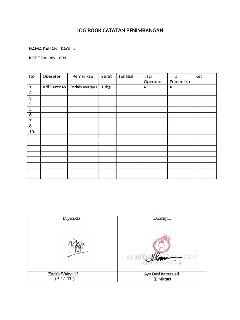 Log Book Catatan Penimbangan Bahan Baku PDF
