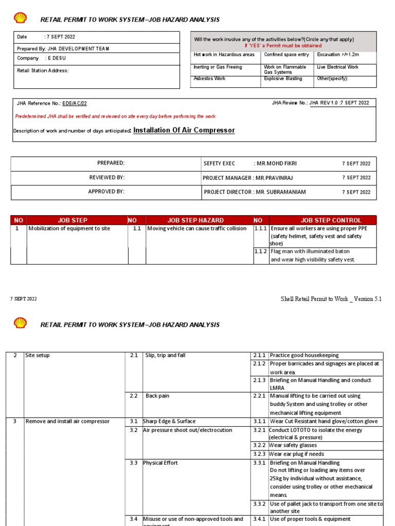 JHA - Installation of Air Compressor | PDF | Electrical Connector ...