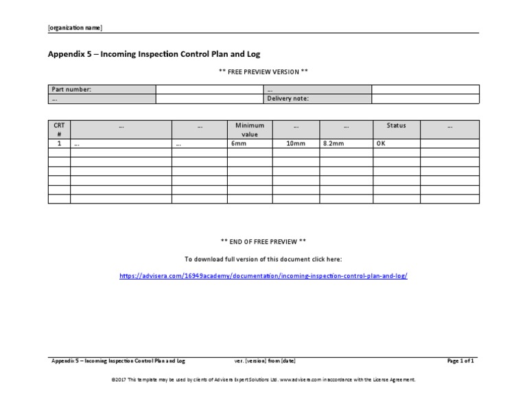 11.5 Appendix 5 Incoming Inspection Control Plan and Log Preview EN | PDF