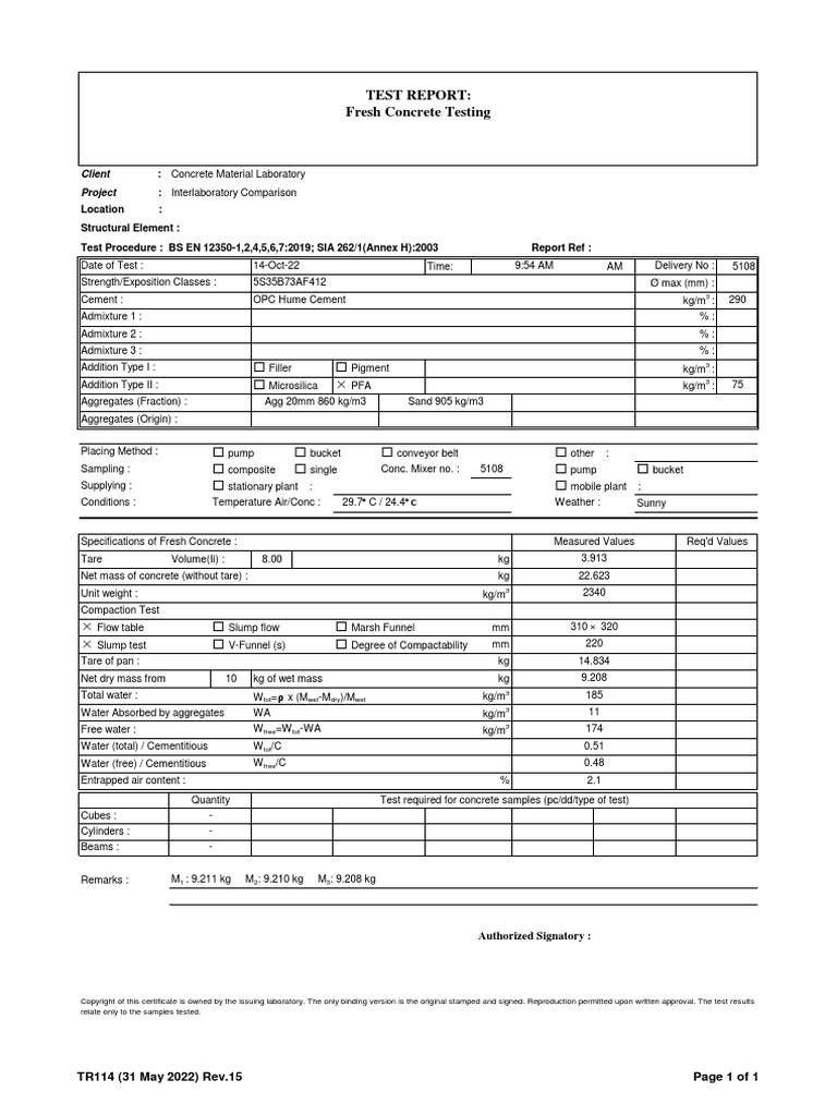 Test Report Fresh Concrete-CML | PDF | Concrete | Composite Material