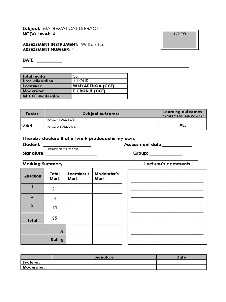 Mathematical Literacy Level 4 Test | PDF