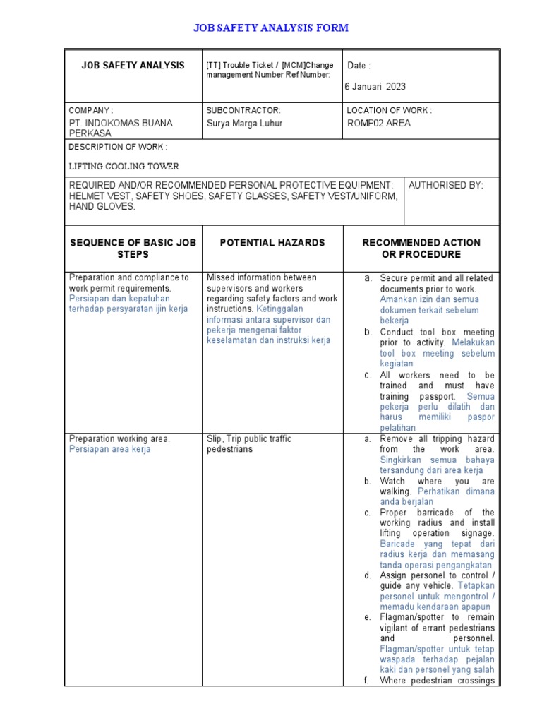Job Safety Analysis Lifting Cooling Tower | PDF | Crane (Machine ...
