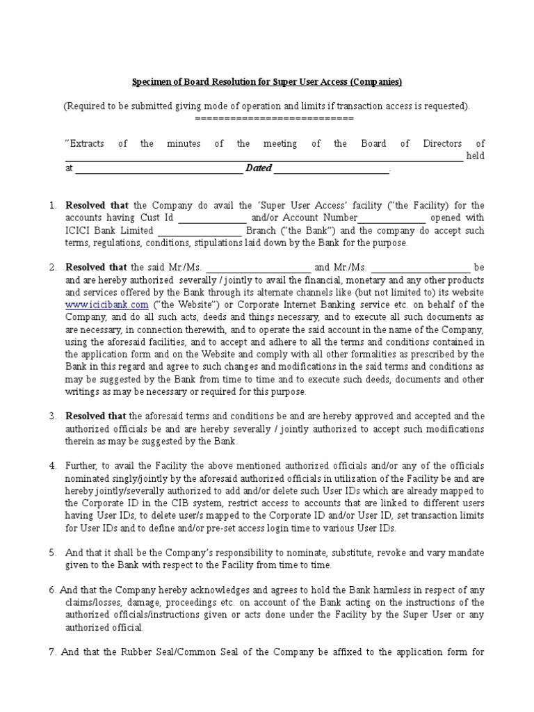 Specimen of board resolution for super user access 4 2 download free