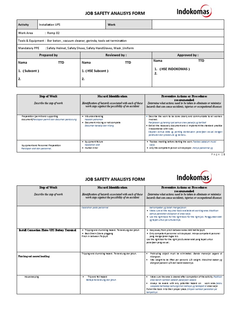JSA Installation panel UPS PDF