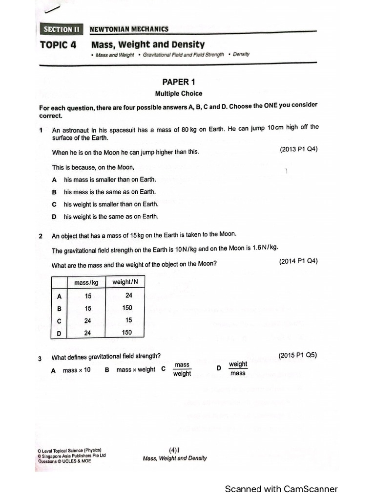 Topic 4 Mass Weight Density Pdf